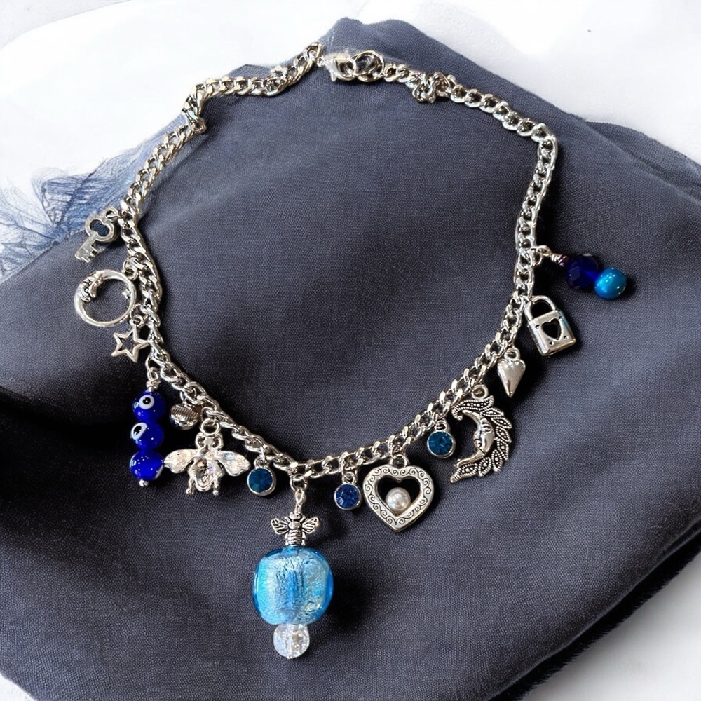 Fun and Pretty Silver and Blue Toned Charm Necklace Vintage and New Charms